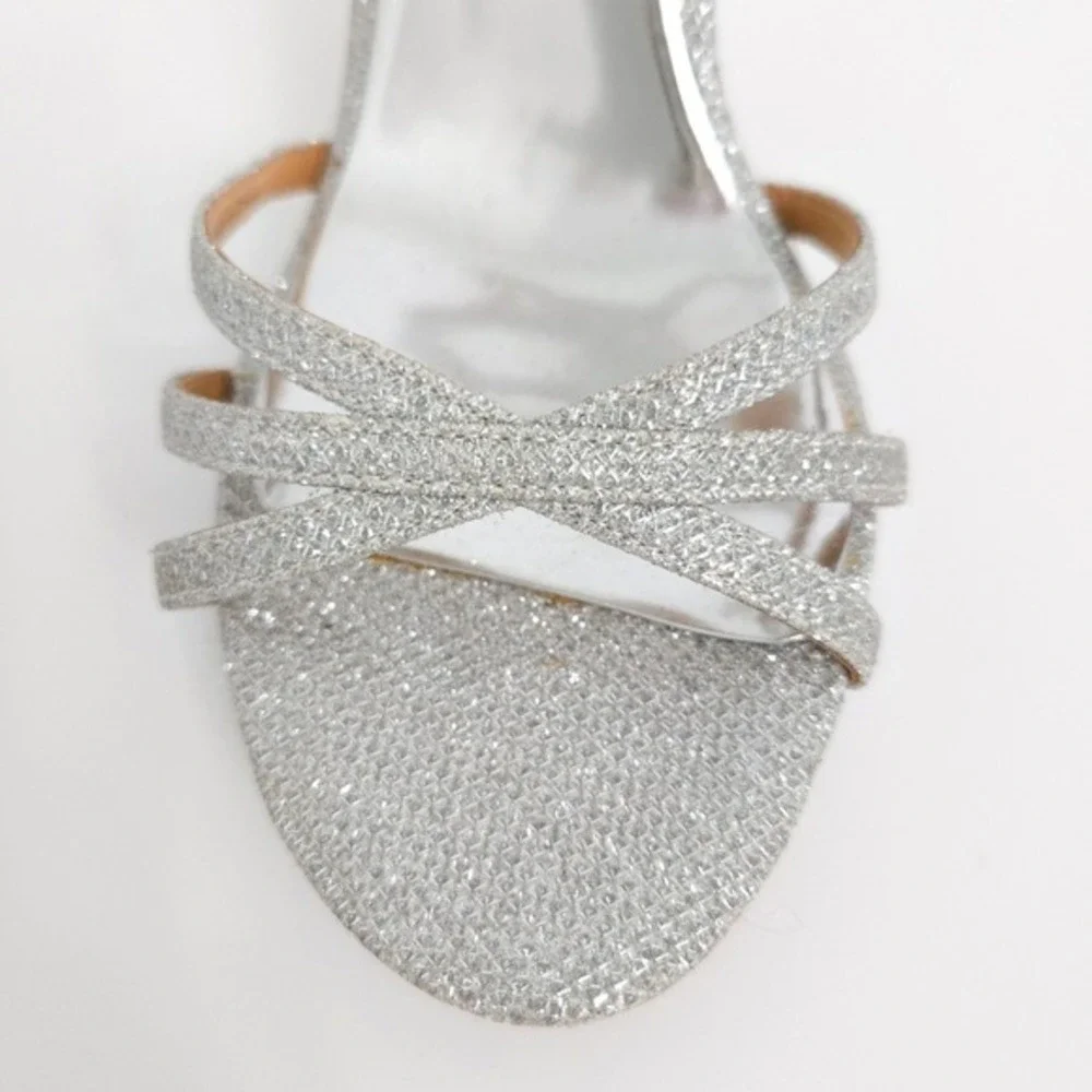Badgley Mischka Silver Glitter Ankle Strap Open-Toe Strappy Formal Heels- Sz 7.5